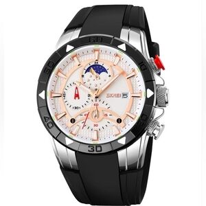 ​NWT SKMEI Men’s Luxury Chronograph Watch Silver & White Moon Phase